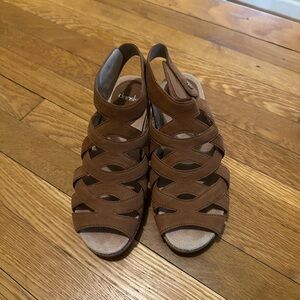 Tan Camel Brown Dansko Cecily Gladiator Wedge Sandals 37
